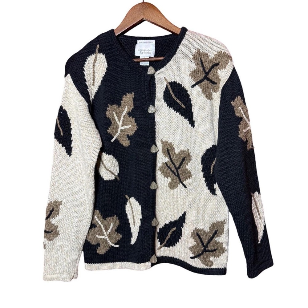 VTG Christopher & Banks Women Small Leaf Embroidery Cardigan Sweater Black Cream